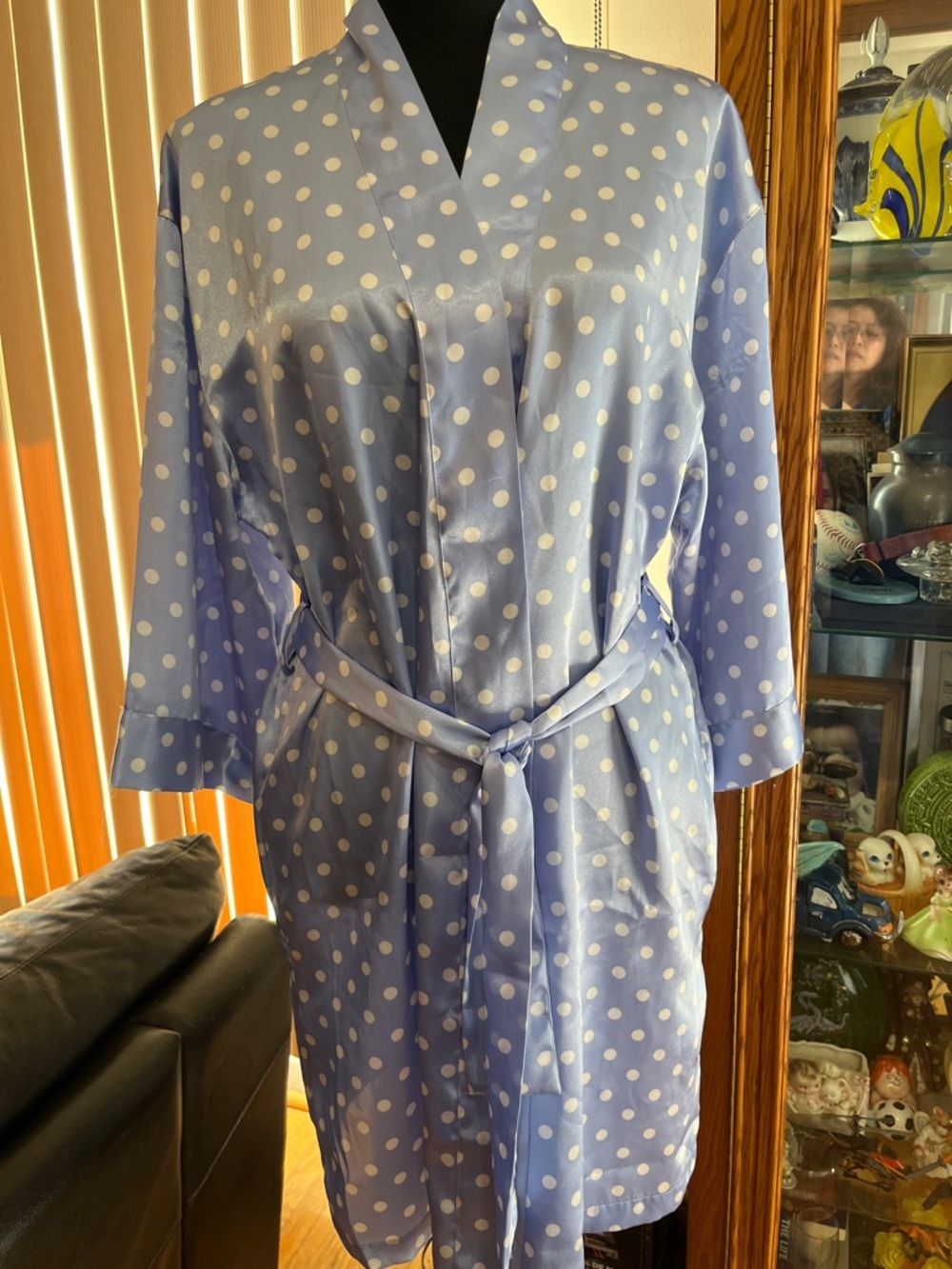 Polka Dot Satin Robe for Women - Light Blue